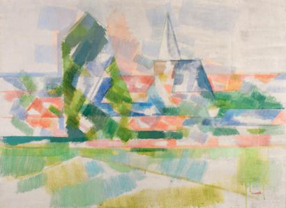 Daniel RAVEL (1915-2002) Village cubiste
Aquarelle et huile sur toile, signée en...