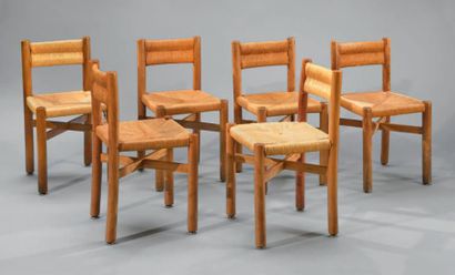 Charlotte PERRIAND (1903-1999) Suite de six chaises modèle Méribel, structure en...