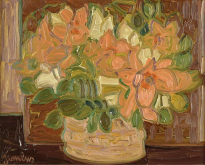 Simone GAMBUS (1928-2015) Bouquet de fleurs
Huile sur carton, signée en bas à droite
H....