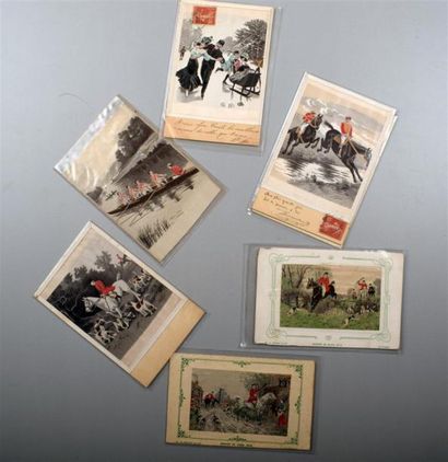null Sport et Chasses, début du XXe siècle 7 cartes postales illustrées de vignettes...
