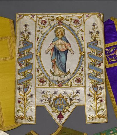 null Bannière de procession mariale, modèle de présentation en réduction, vers 1900
Satin...