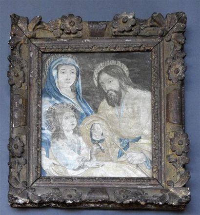 null La Sainte famille, peinture à l'aiguille, époque Régence
Broderie soie polychrome...