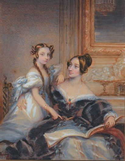 École romantique Portrait d'une mère et de sa fille
Aquarelle gouachée
H. 25,8 cm...