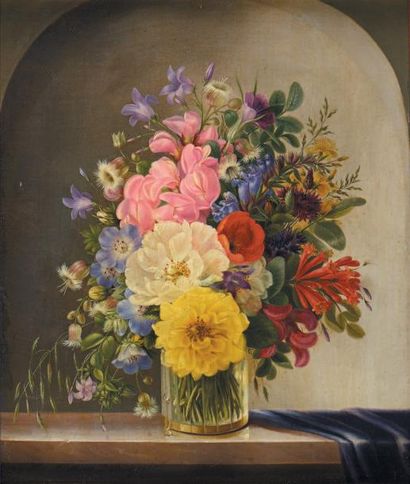 Adelheid DIETRICH (1827-1891) * Bouquet printanier sur un entablement
Huile sur carton,...