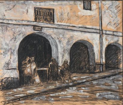 Maxime MAUFRA (1861-1918) Autour du marché à Biskra, sous les arcades
Gouache et...