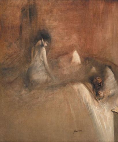 Jean-Louis FORAIN (1852-1931) Couple au lit
Huile sur toile, signée en bas à droite...