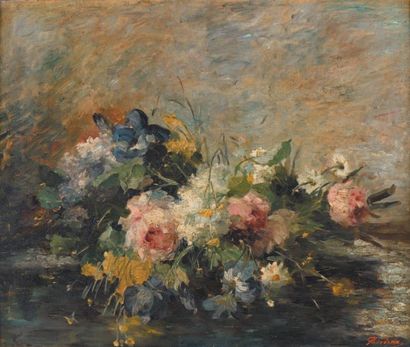 Marie HODIEUX (1860-1897) Bouquet de fleurs
Huile sur toile, signée en bas à droite
H....