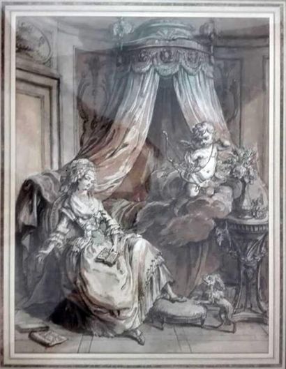 Antoine BOREL (1743-1810) L'attaque de l'Amour
Lavis d'encre et rehauts de blanc
H....