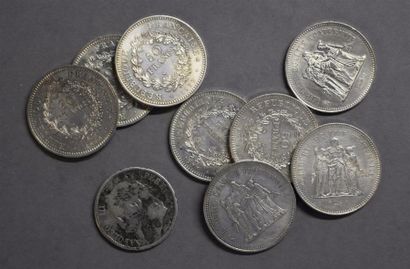 Monnaies - Médailles - Sceaux Lot de neuf pièces en argent comprenant : - Huit pièces...