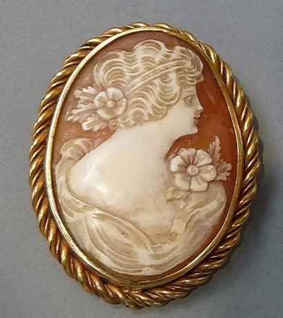 Bijoux - Joaillerie Broche ornée d'un camée sur coquillage à décor de buste de femme,...