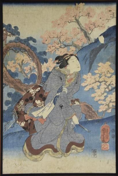 Art d'Asie JAPON - XIXe - XXe siècle
Courtisane, estampe en couleurs, H. 36 cm L....