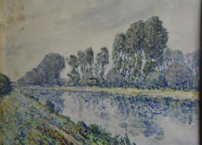 null José MINGRET (1880-1969) Le Canal de la Marne, 1924 Aquarelle signée en bas...