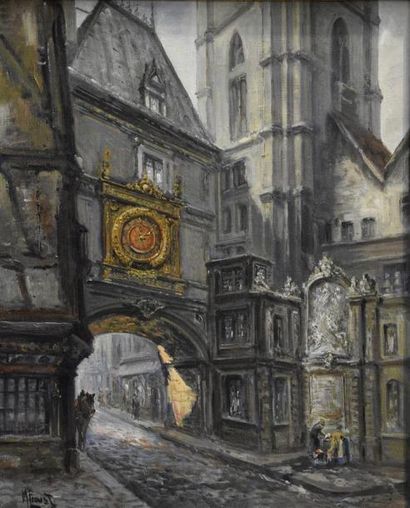 null Maurice PROUST (1867-1944) Le gros horloge à Rouen Huile sur toile signée en...