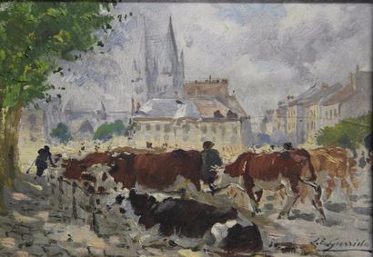 null Louis Edouard GARRIDO (1893-1982) Le Marché aux bestiaux Huile sur isorel signée...