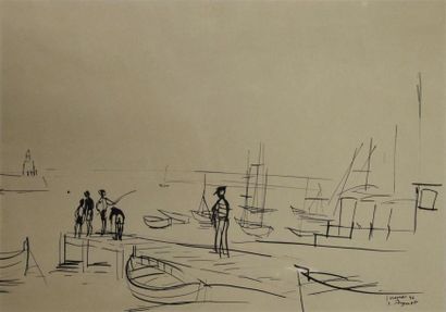 Art moderne et contemporain Raymond PEYNET (1908-1999) Pêcheurs sur la digue, Cannes...