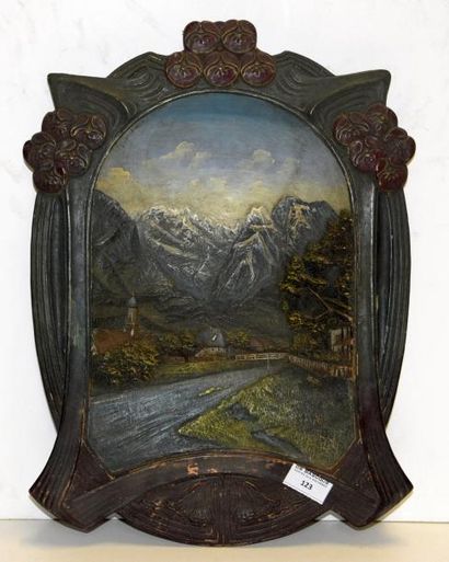 Art populaire et Objets de curiosité GARMISCH, vers 1900 Paysage de montagne Plaque...