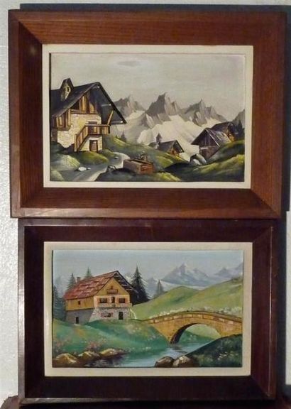 null Paysage de montagne Deux bois sculptés polychromes, un signé Haufer H. 24 cm...