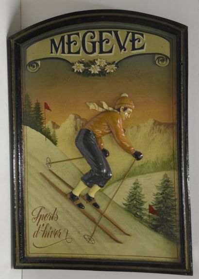 null Panneau décoratif à décor d'un skieur et marqué Megève Sports d'hiver H. 70...