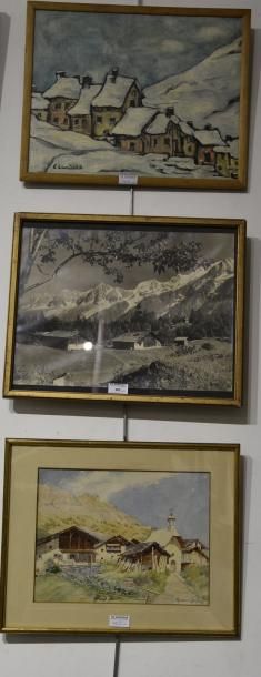 null Ensemble comprenant des vues de montagne : - une aquarelle signée en bas à droite...