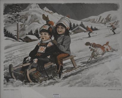 null Deux grandes reproductions Enfants jouant dans la neige H. 50 cm L. 61 cm -...