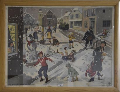 null Deux grandes reproductions Enfants jouant dans la neige H. 50 cm L. 61 cm -...