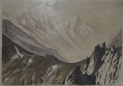ESTAMPES Joanny DREVET (1889-1969) Refuge devant le Mont Blanc Aquatinte, signée...