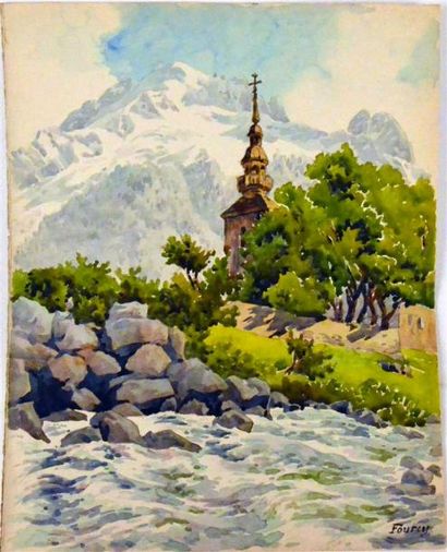 null Jacques FOURCY (1906-1990) L'église d'Argentière et l'Aiguille Verte Aquarelle...