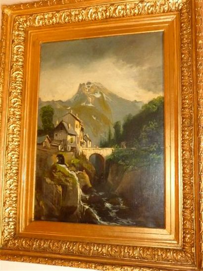 null Joseph MILLION (1861-1931) Hameau de montagne Huile sur toile signée en bas...