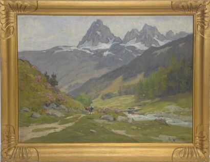 Art populaire et Objets de curiosité Clovis TERRAIRE (1858-1931) Vaches en montagne...