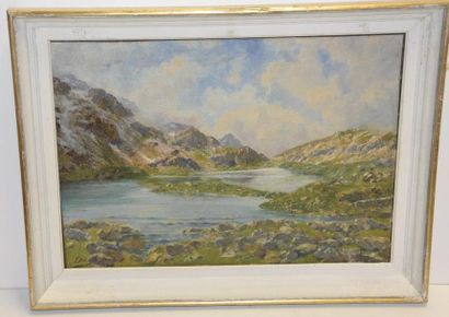 Art populaire et Objets de curiosité Edouard BRUN (1860-1935) Lac de montagne Huile...