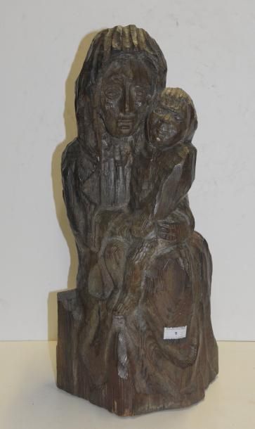 Art populaire et Objets de curiosité Vierge à l'Enfant Jésus Sculpture en pin arolle...