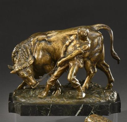 null Émile Louis TRUFFOT (1843-1896) Le taureau maîtrisé Bronze signé sur la terrasse...