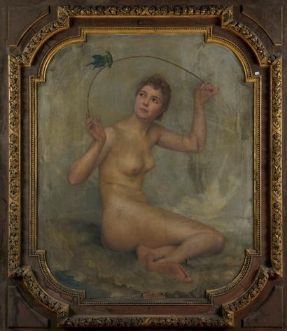 Pierre MOUSSET (1850-1894) Jeune femme nue avec un couple de perruches
Huile sur...