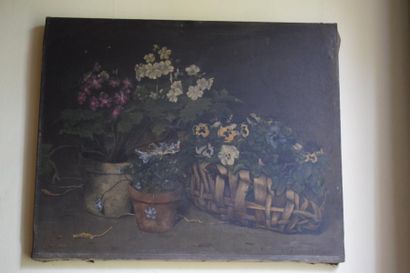 Pierre MOUSSET (1850-1894) Nature morte aux fleurs, panier d'osier et pot, 1874
Huile...