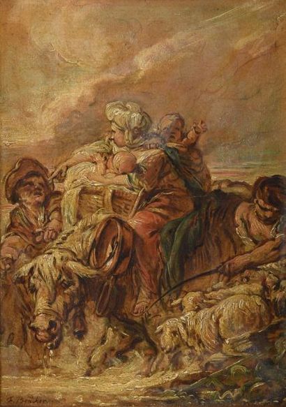 null Jean-Baptiste DESHAYES (1729-1765) Paysanne en route sur un âne, avec ses jeunes...