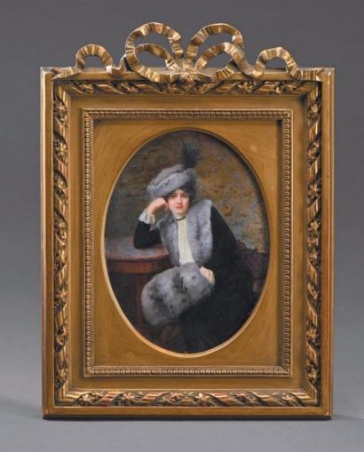 Attribué à Isabelle GELEE (XIXe-XXe siècle) 
Portrait d'une jeune femme assise accoudée,...