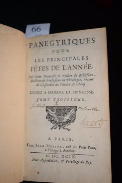 null [RELIURE AUX ARMES]. LE TELLIER DE BELLEFONS (François). Panégyriques pour les...