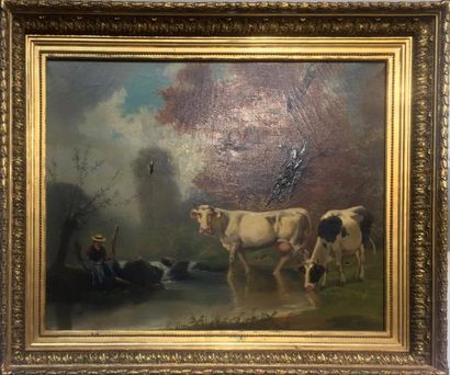 null Théodore LEVIGNE (1848-1912) Vaches et la fileuse Huile sur toile signée en...