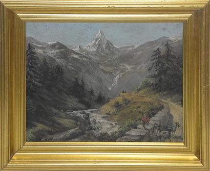 null Ch. MARTIGNANT (XXe siècle) Chevrière sur une route de montagne Huile sur isorel...