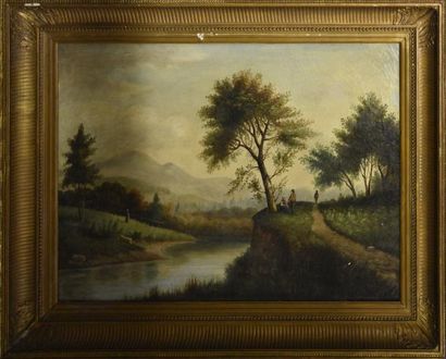 null J. FINIOL Paysage animé Huile sur toile 50 x 65,5 cm