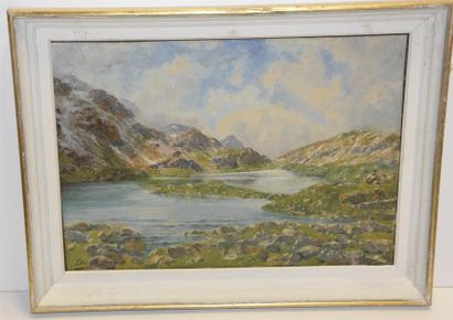 null Edouard BRUN (1860-1935) Lac de montagne Huile sur carton toilé signée en bas...