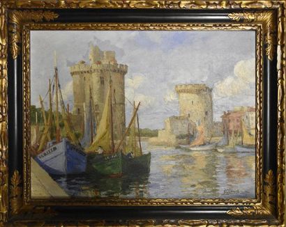 null A CLEMENT (XXe siècle) Le port de la Rochelle, 1932 Huile sur toile signée et...