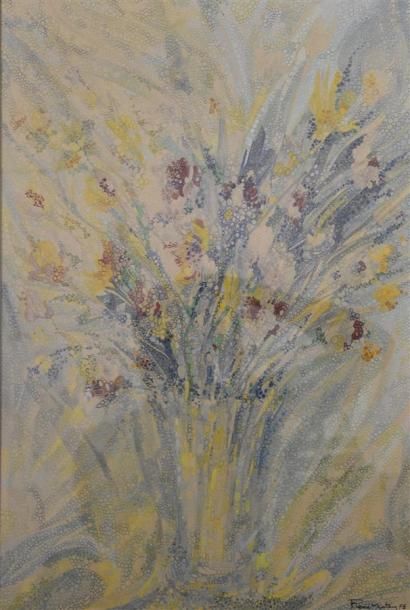 null René MARTIN (XXe siècle) Bouquet de fleurs pointilliste Aquarelle signée, sur...