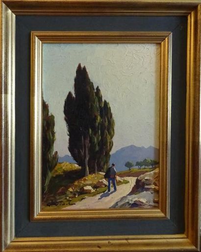 null Gustave VIDAL (1895-1966) Homme marchant sur un chemin de Provence Huile sur...