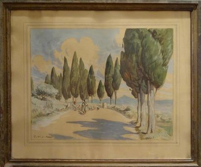 null Gustave VIDAL (1895-1966) Berger et son troupeau sur une route de Provence Gouache...