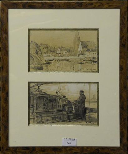 null Eugène VILLON (1879-1951) Deux dessins encadrés ensemble - Vue de Pont sur Yonne...