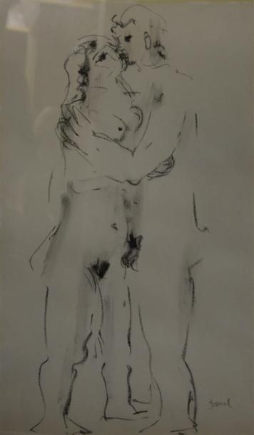 null Louis BANCEL (1926) Couple s'embrassant Fusain sur papier signé en bas à droite...