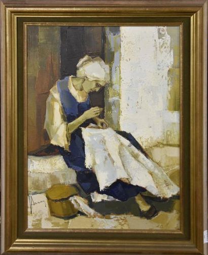 null Jori DURAN (XXe siècle) Femme cousant sur un seuil Huile sur toile, signée en...