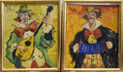 null Robert Le Berger (1905-1972) Clowns musiciens Paire d'huiles sur toile signées...
