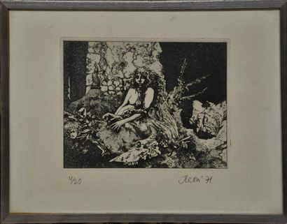 null Jean Léon (XXe siècle) Jeune femme endormie au pied d'un arbre Lithographie...